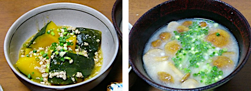 かぼちゃの鶏そぼろあんかけ、なめこと豆腐の味噌汁